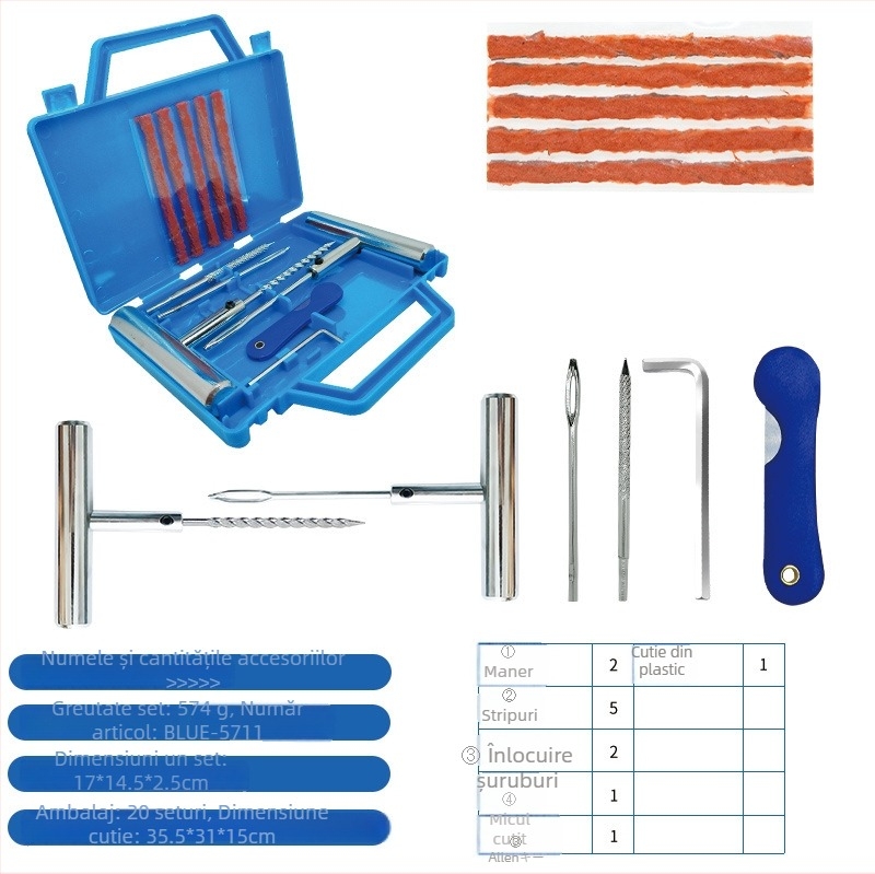 Set de reparații anvelope de urgență — 57 de piese, oțel 57#, model BLUE-5757, Colleo