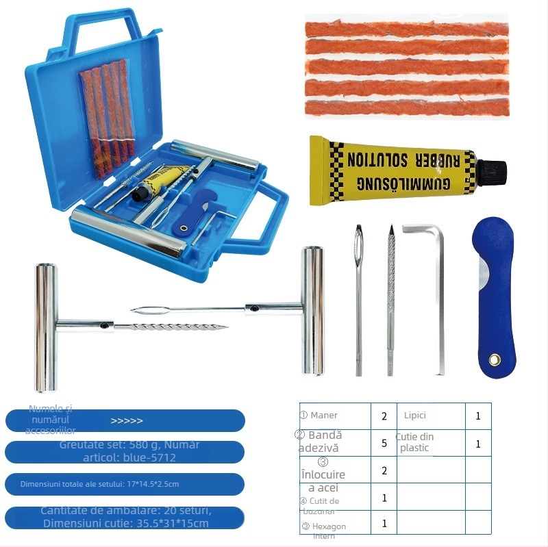 Set de reparații anvelope de urgență — 57 de piese, oțel 57#, model BLUE-5757, Colleo