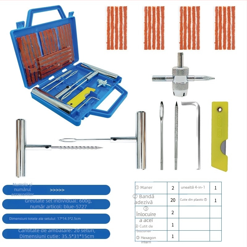 Set de reparații anvelope de urgență — 57 de piese, oțel 57#, model BLUE-5757, Colleo