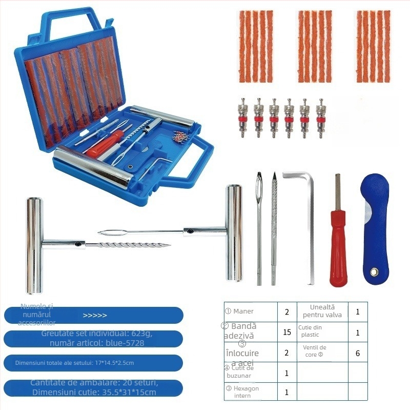 Set de reparații anvelope de urgență — 57 de piese, oțel 57#, model BLUE-5757, Colleo