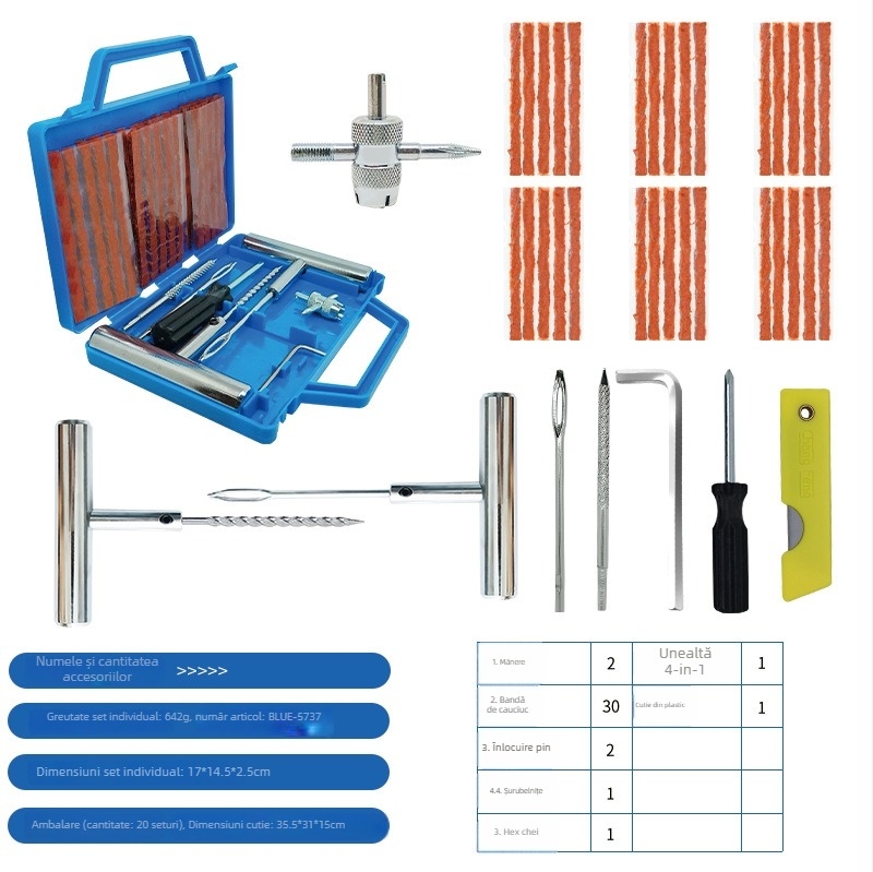Set de reparații anvelope de urgență — 57 de piese, oțel 57#, model BLUE-5757, Colleo