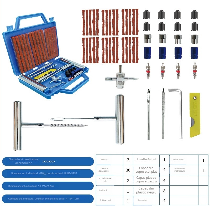 Set de reparații anvelope de urgență — 57 de piese, oțel 57#, model BLUE-5757, Colleo