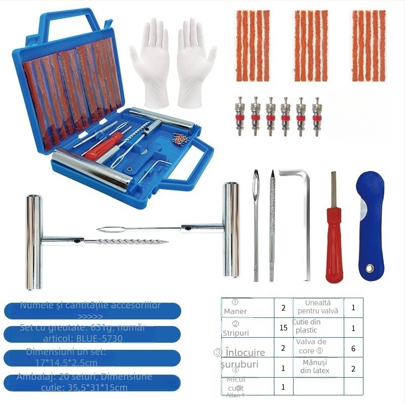 Set de reparații anvelope de urgență — 57 de piese, oțel 57#, model BLUE-5757, Colleo