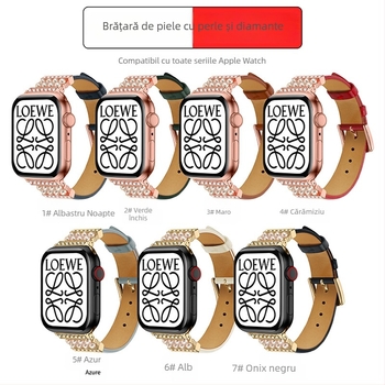 Brățară pentru Apple Watch – din piele naturală, încrustată cu diamante, stil casual fashion, design vintage business