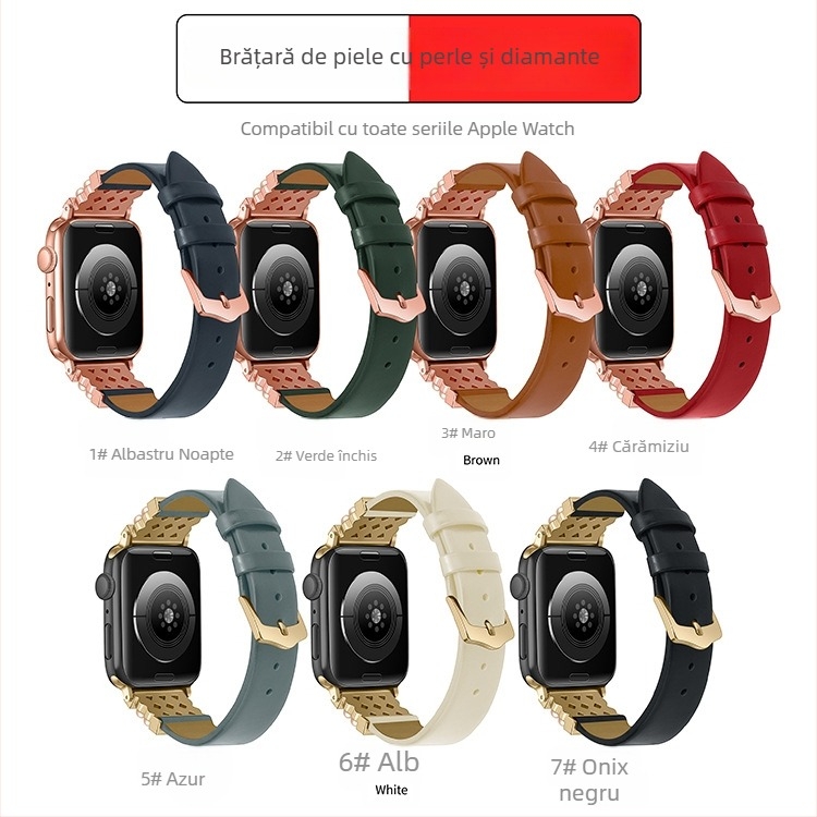 Brățară pentru Apple Watch – din piele naturală, încrustată cu diamante, stil casual fashion, design vintage business