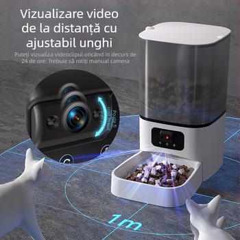 Distribuitor automat de hrană pentru pisici și câini, cu programare a hrănirii și monitorizare prin cameră