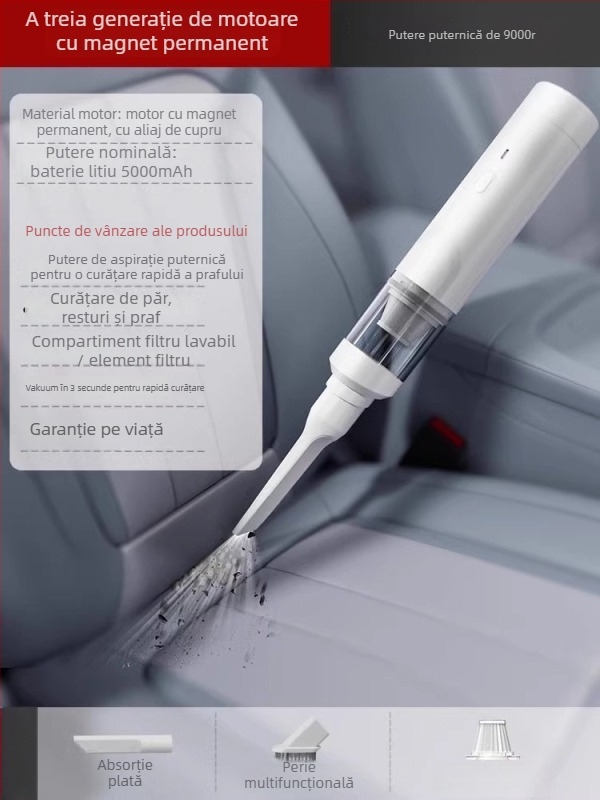 Aspirator de mână pentru mașină — 90W, aspirație 20000Pa, reîncărcabil, cablu 3 m