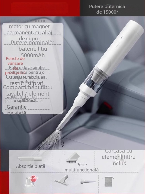 Aspirator de mână pentru mașină — 90W, aspirație 20000Pa, reîncărcabil, cablu 3 m