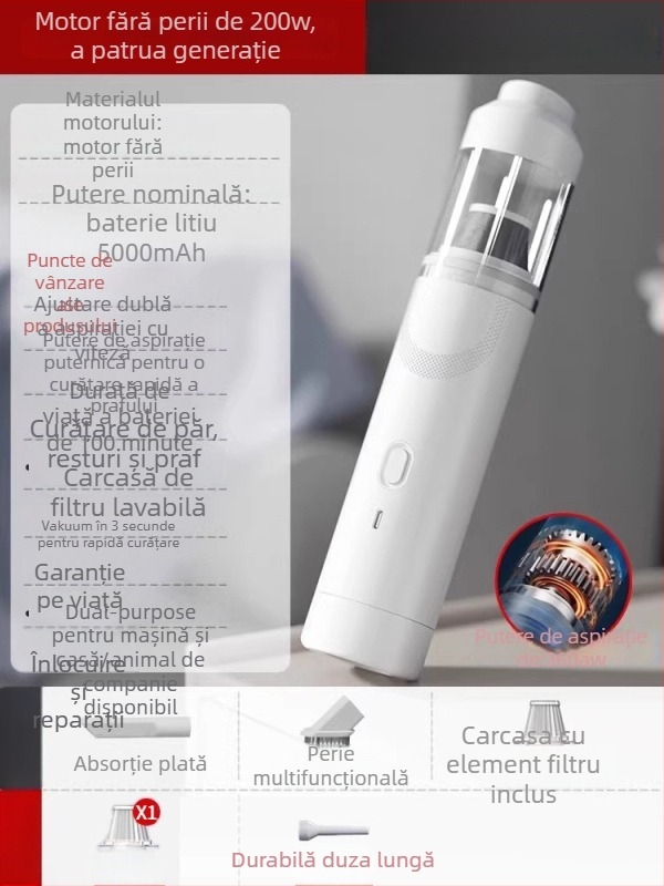 Aspirator de mână pentru mașină — 90W, aspirație 20000Pa, reîncărcabil, cablu 3 m