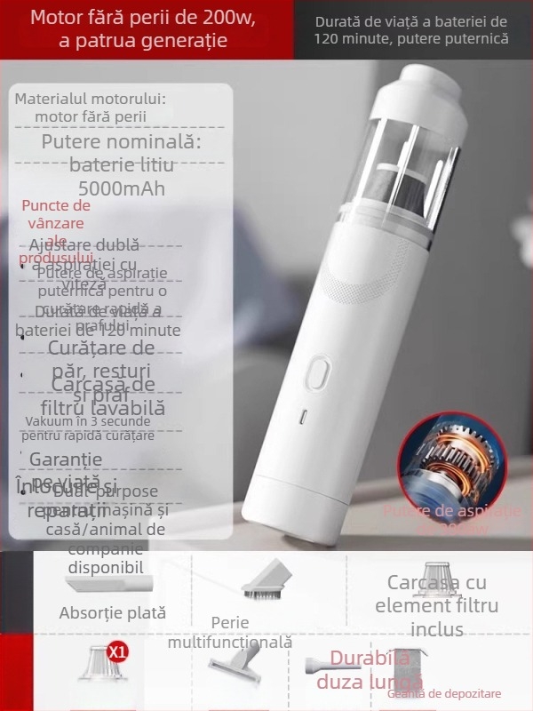 Aspirator de mână pentru mașină — 90W, aspirație 20000Pa, reîncărcabil, cablu 3 m