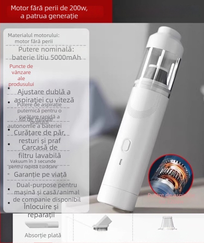 Aspirator de mână pentru mașină — 90W, aspirație 20000Pa, reîncărcabil, cablu 3 m