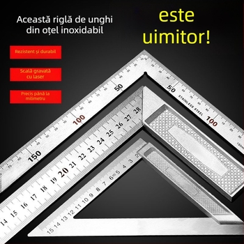 Riglă unghiulară din oțel inoxidabil, unghi drept 90°, instrument de măsură, triunghiular, pentru tâmplărie