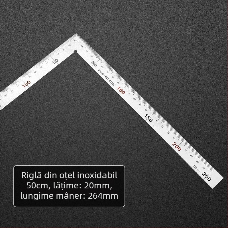 Riglă unghiulară din oțel inoxidabil, unghi drept 90°, instrument de măsură, triunghiular, pentru tâmplărie