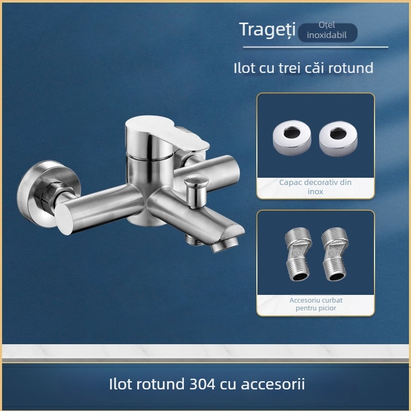Robinet pentru duș și cadă din oțel inoxidabil, încastrat în perete, cu control triplu, nucleu ceramic al valvei, 0–90°C