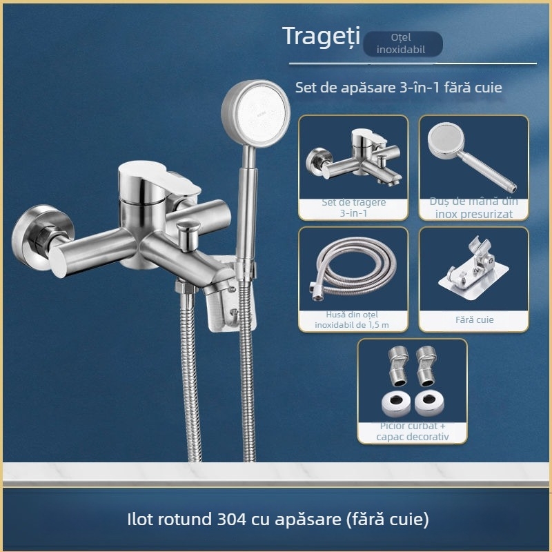 Robinet pentru duș și cadă din oțel inoxidabil, încastrat în perete, cu control triplu, nucleu ceramic al valvei, 0–90°C