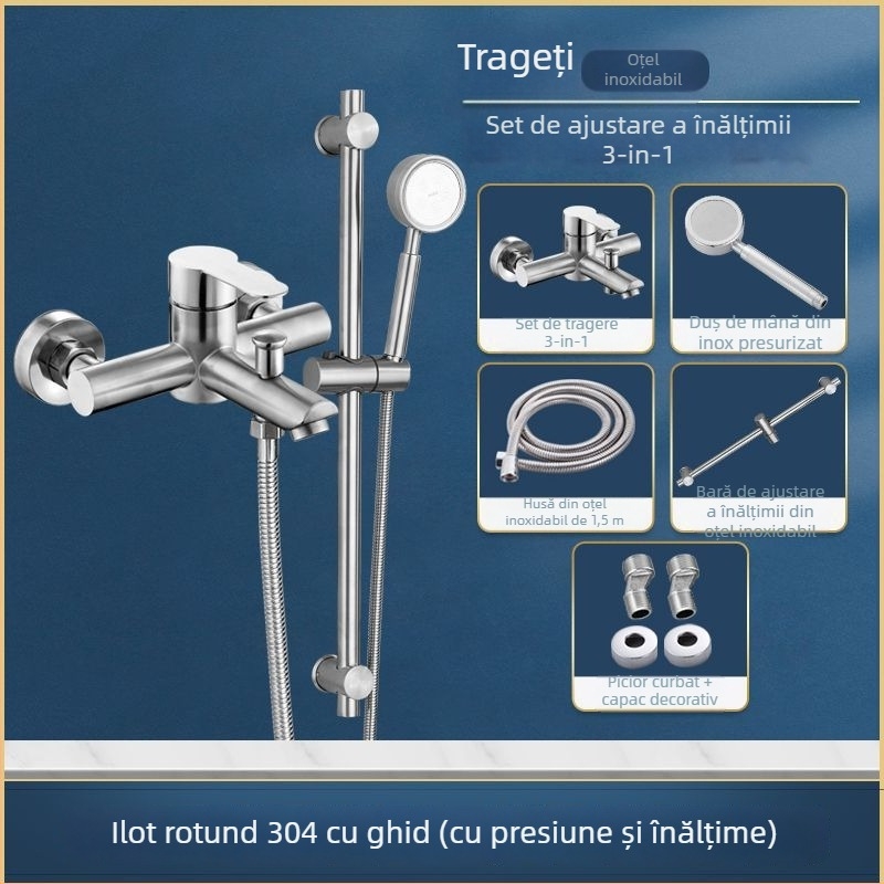 Robinet pentru duș și cadă din oțel inoxidabil, încastrat în perete, cu control triplu, nucleu ceramic al valvei, 0–90°C