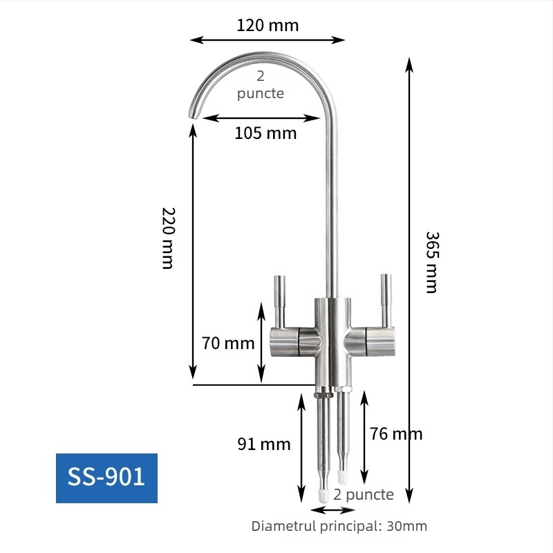 Robinet de apă potabilă din oțel inoxidabil 304, rotativ, cu ieșire dublă, flux rece unic, cartuș ceramic, certificat CE
