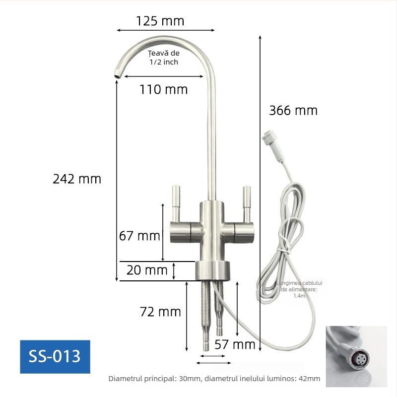 Robinet de apă potabilă din oțel inoxidabil 304, rotativ, cu ieșire dublă, flux rece unic, cartuș ceramic, certificat CE
