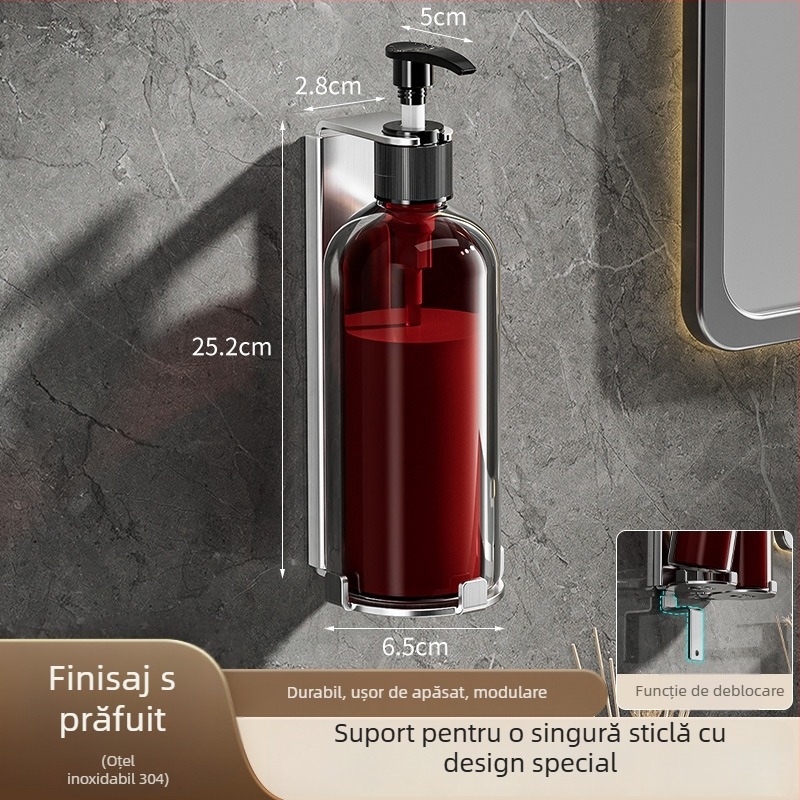 Suport dozator săpun din oțel inoxidabil – finisaj șlefuit, stil luxos discret, funcționare prin apăsare manuală, greutate 400 g