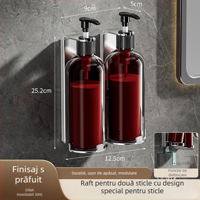 Suport dozator săpun din oțel inoxidabil – finisaj șlefuit, stil luxos discret, funcționare prin apăsare manuală, greutate 400 g