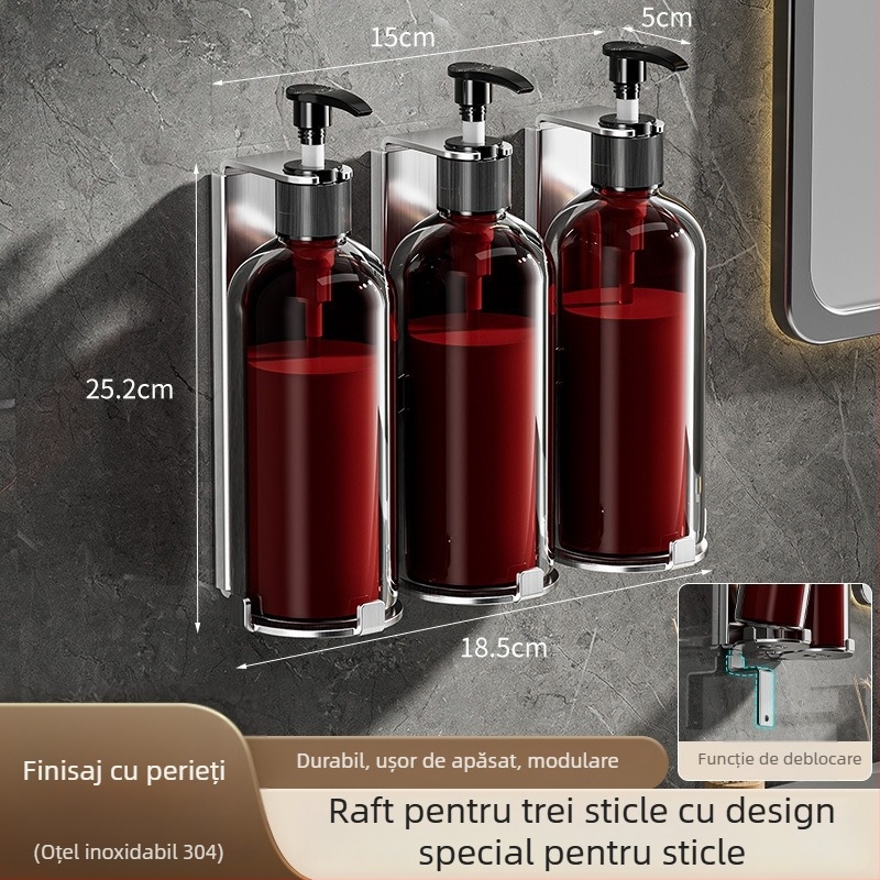 Suport dozator săpun din oțel inoxidabil – finisaj șlefuit, stil luxos discret, funcționare prin apăsare manuală, greutate 400 g