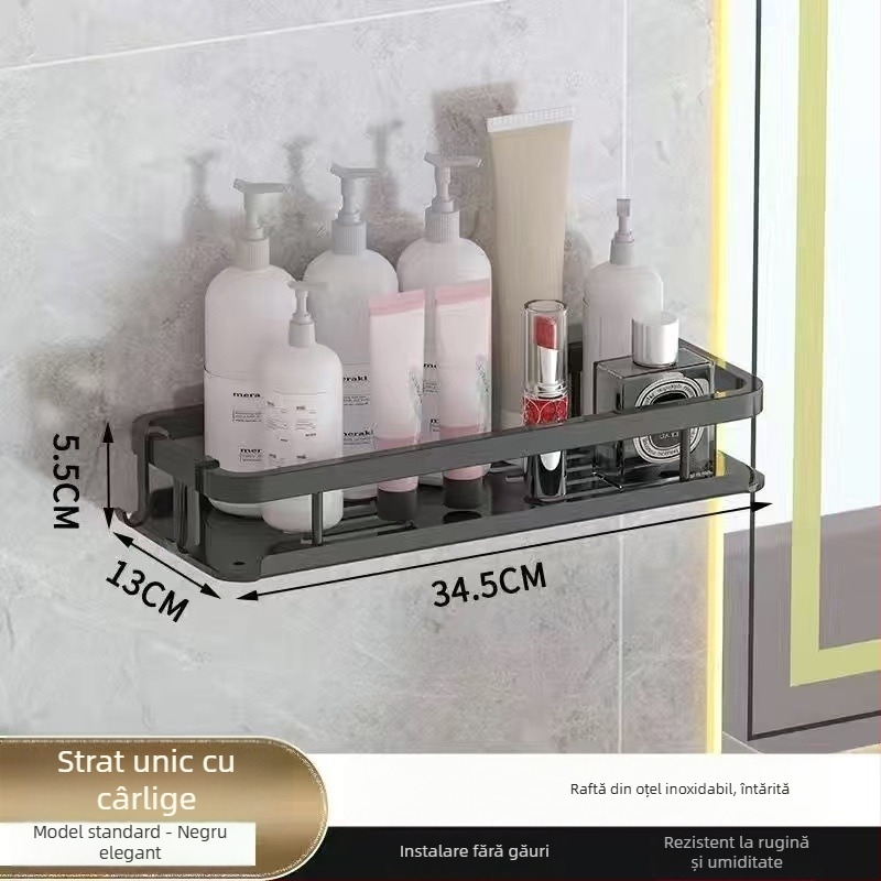 Poliță de baie montată pe perete - fără găuri, din plastic, design simplu modern