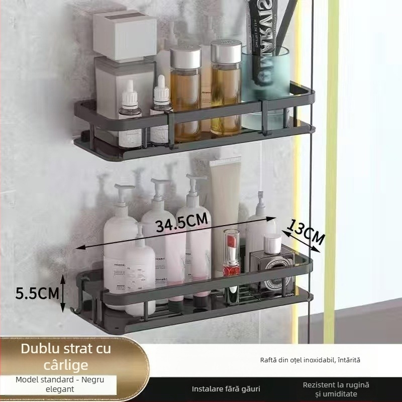 Poliță de baie montată pe perete - fără găuri, din plastic, design simplu modern