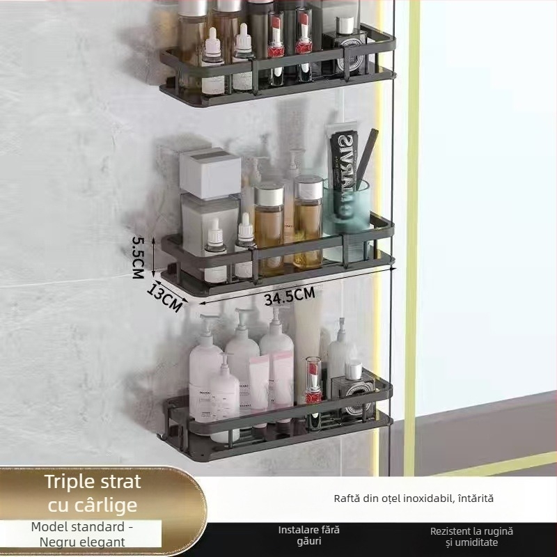 Poliță de baie montată pe perete - fără găuri, din plastic, design simplu modern