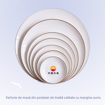 Set de farfurii din porțelan cu os, margine aurie, rotunde, lucioase, necompatibile cu microunde