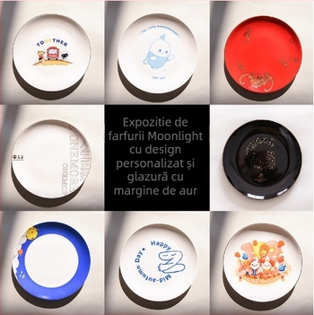 Set de farfurii din porțelan cu os, margine aurie, rotunde, lucioase, necompatibile cu microunde