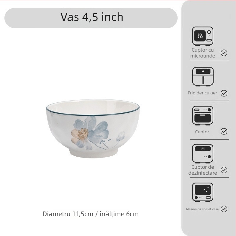 Set de masă din porțelan în stil japonez, cu decor floral sub glazură – boluri, farfurii și platouri; porțelan; compatibil cu microunde