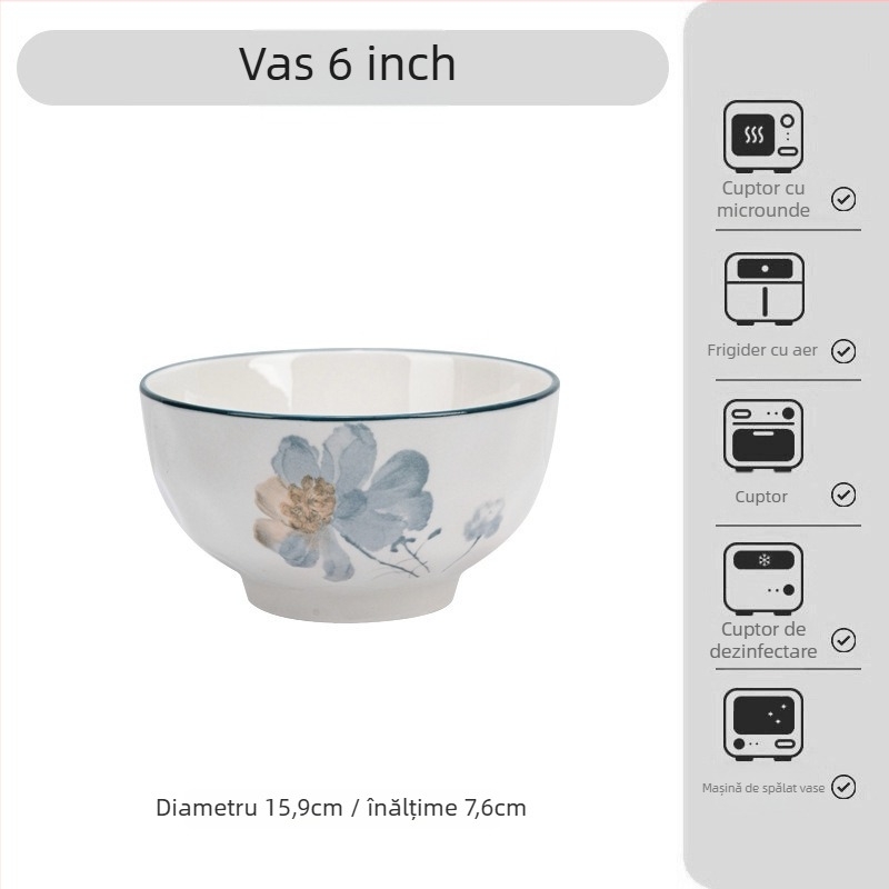 Set de masă din porțelan în stil japonez, cu decor floral sub glazură – boluri, farfurii și platouri; porțelan; compatibil cu microunde