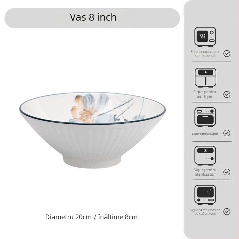 Set de masă din porțelan în stil japonez, cu decor floral sub glazură – boluri, farfurii și platouri; porțelan; compatibil cu microunde