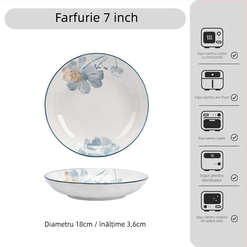 Set de masă din porțelan în stil japonez, cu decor floral sub glazură – boluri, farfurii și platouri; porțelan; compatibil cu microunde