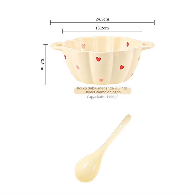 Set ceramic boluri și linguri, capacitate mare, bol cu două mâneri, formă neregulată, stil modern minimalist, potrivit pentru microunde