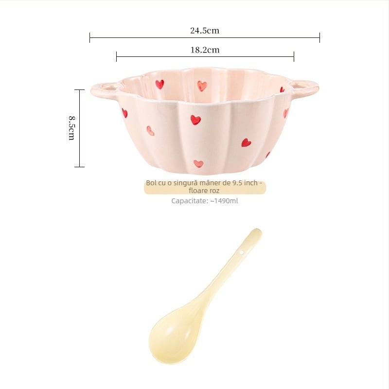 Set ceramic boluri și linguri, capacitate mare, bol cu două mâneri, formă neregulată, stil modern minimalist, potrivit pentru microunde