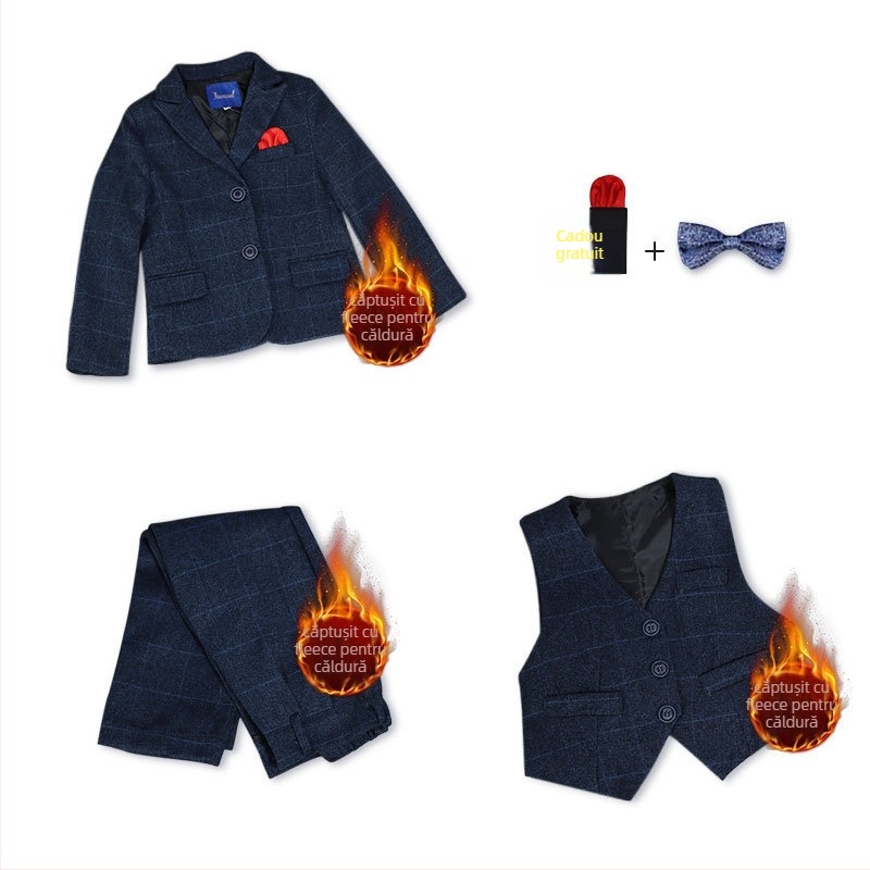 Set costum bărbătesc în stil britanic pentru toamnă-iarnă, sacou cu nasturi la un rând, material principal poliester 80%, pentru copii 3–8 ani, toamnă 2025.