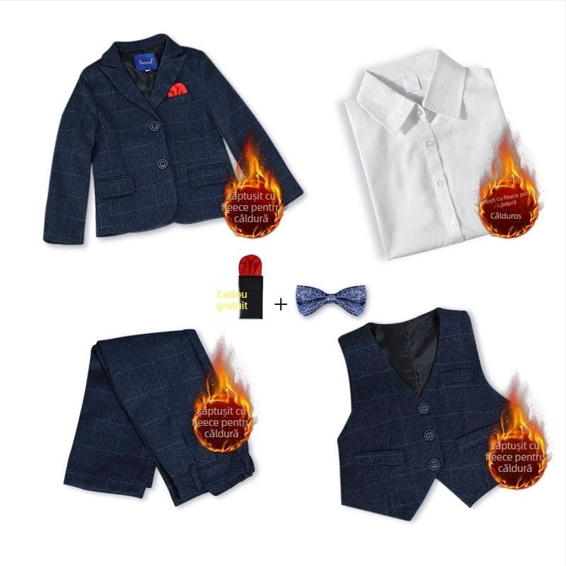 Set costum bărbătesc în stil britanic pentru toamnă-iarnă, sacou cu nasturi la un rând, material principal poliester 80%, pentru copii 3–8 ani, toamnă 2025.