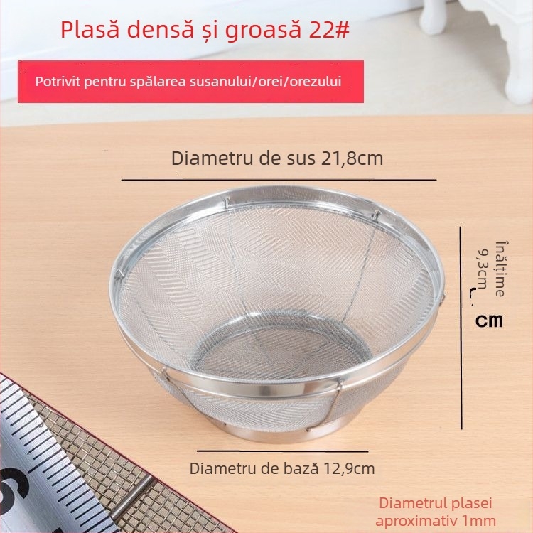 Coș rotund din oțel inoxidabil cu plasă pentru spălarea orezului, susamului și legumelor; coș de spălare pentru gospodărie cu control al apei și filtrare