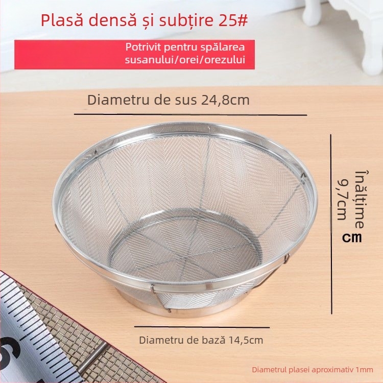 Coș rotund din oțel inoxidabil cu plasă pentru spălarea orezului, susamului și legumelor; coș de spălare pentru gospodărie cu control al apei și filtrare