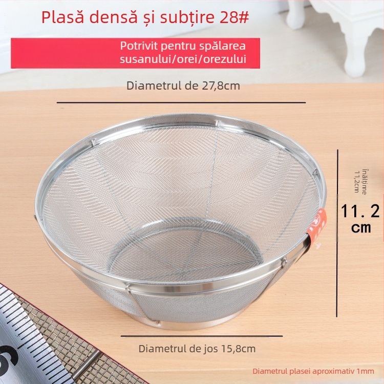 Coș rotund din oțel inoxidabil cu plasă pentru spălarea orezului, susamului și legumelor; coș de spălare pentru gospodărie cu control al apei și filtrare