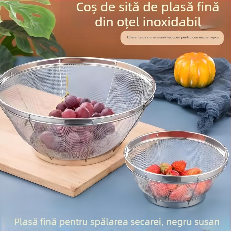 Coș rotund din oțel inoxidabil cu plasă pentru spălarea orezului, susamului și legumelor; coș de spălare pentru gospodărie cu control al apei și filtrare