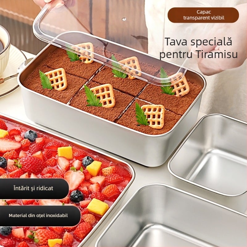 Formă tiramisu din oțel inoxidabil cu tavă pătrată, design îngroșat, recipient pentru mousse cu capac pentru patiserie casnică