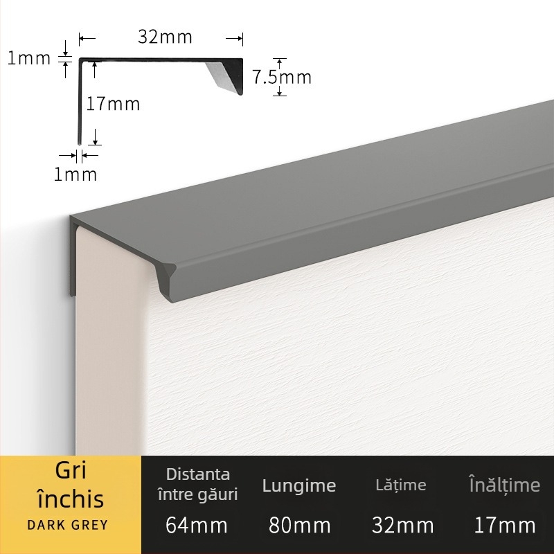 Mânere invizibile cu unghi drept pentru uși de dulap și sertare, aliaj de aluminiu, model 07b, oxidare anodică, stil modern minimalist