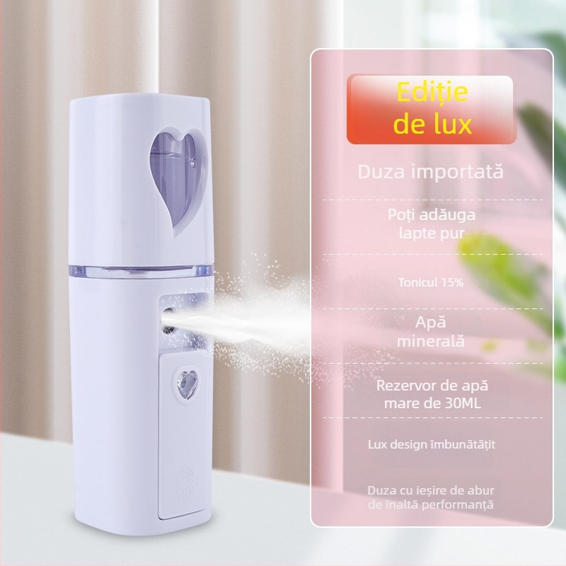 Dispozitiv portabil de hidratare cu pulverizare – pulverizare rece, ceață nano, baterie încorporată 300–500 mAh, timp de pulverizare până la 10 s, treapta 1