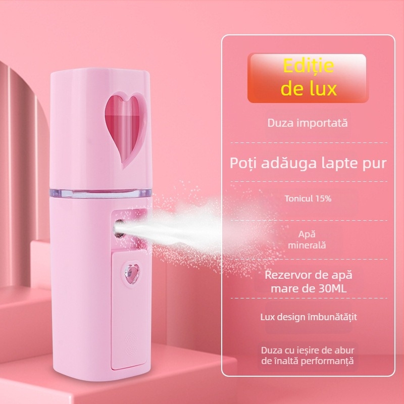 Dispozitiv portabil de hidratare cu pulverizare – pulverizare rece, ceață nano, baterie încorporată 300–500 mAh, timp de pulverizare până la 10 s, treapta 1