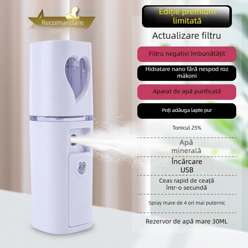 Dispozitiv portabil de hidratare cu pulverizare – pulverizare rece, ceață nano, baterie încorporată 300–500 mAh, timp de pulverizare până la 10 s, treapta 1
