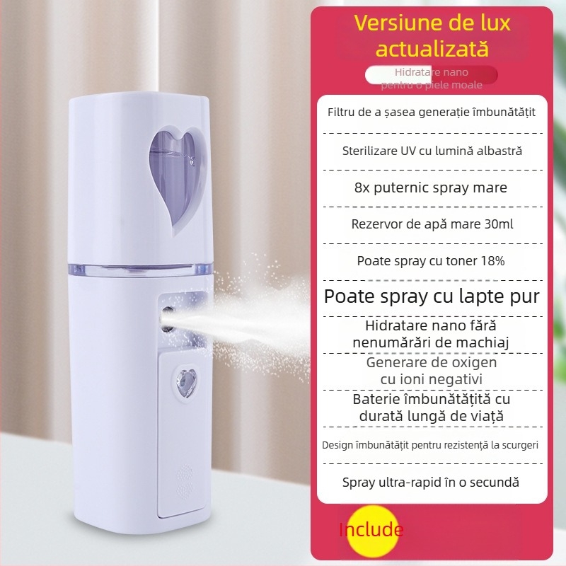 Dispozitiv portabil de hidratare cu pulverizare – pulverizare rece, ceață nano, baterie încorporată 300–500 mAh, timp de pulverizare până la 10 s, treapta 1