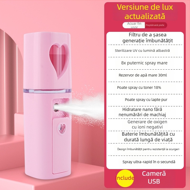 Dispozitiv portabil de hidratare cu pulverizare – pulverizare rece, ceață nano, baterie încorporată 300–500 mAh, timp de pulverizare până la 10 s, treapta 1