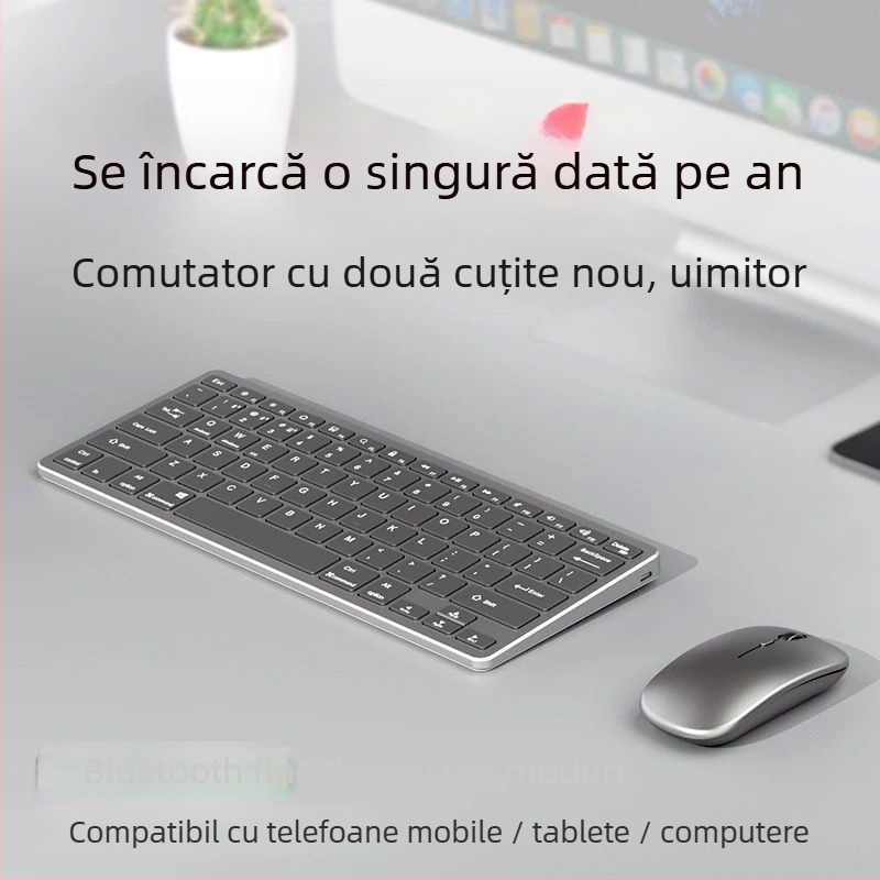 Set tastatură și mouse Bluetooth, fără fir, reîncărcabil, silențios, pentru notebook și tabletă, conectivitate USB/2.4G/Bluetooth, mouse optic